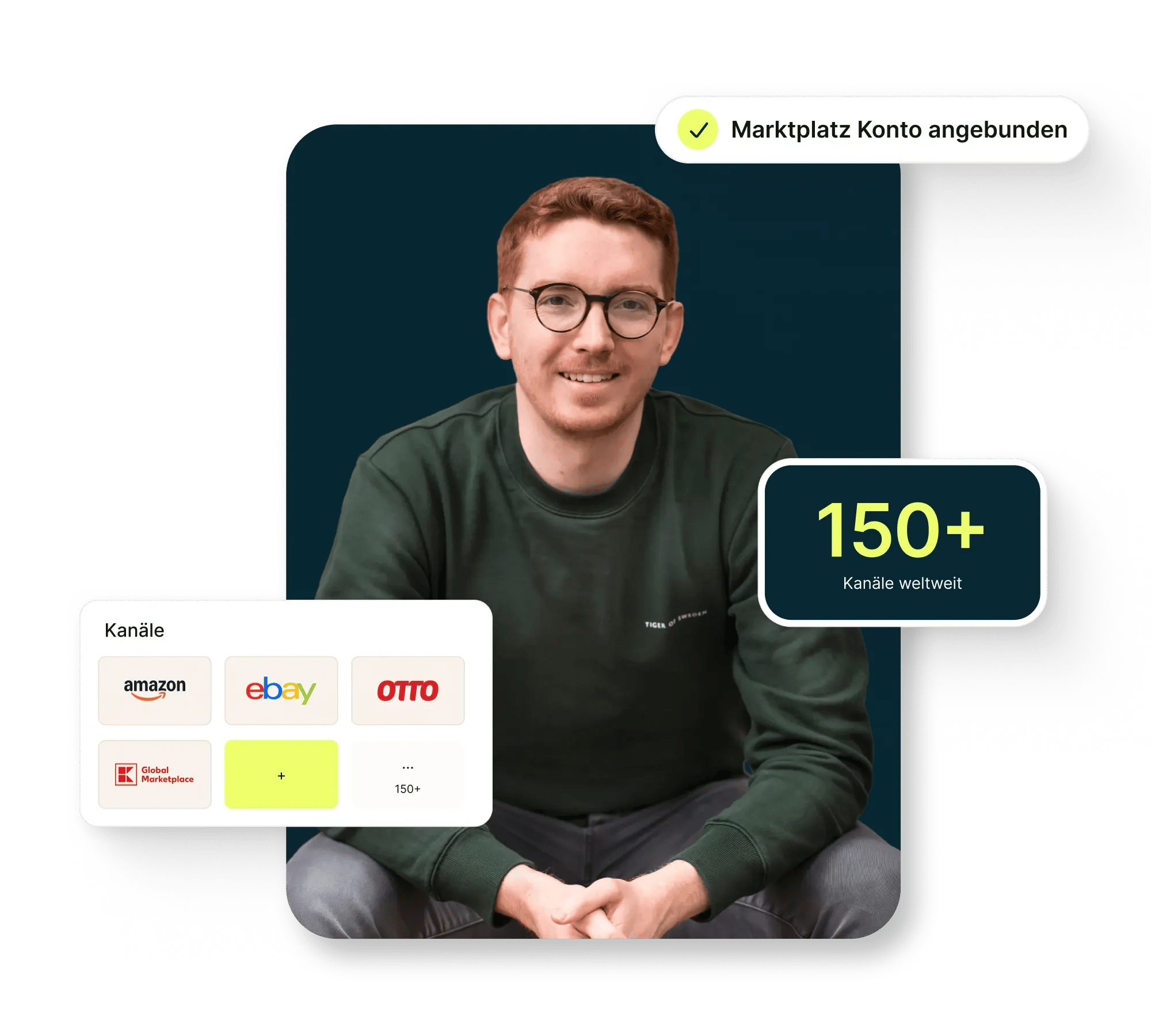 Händler mit Brille, daneben eine Übersicht angebundener Marktplätze wie Amazon, eBay, OTTO und Kaufland