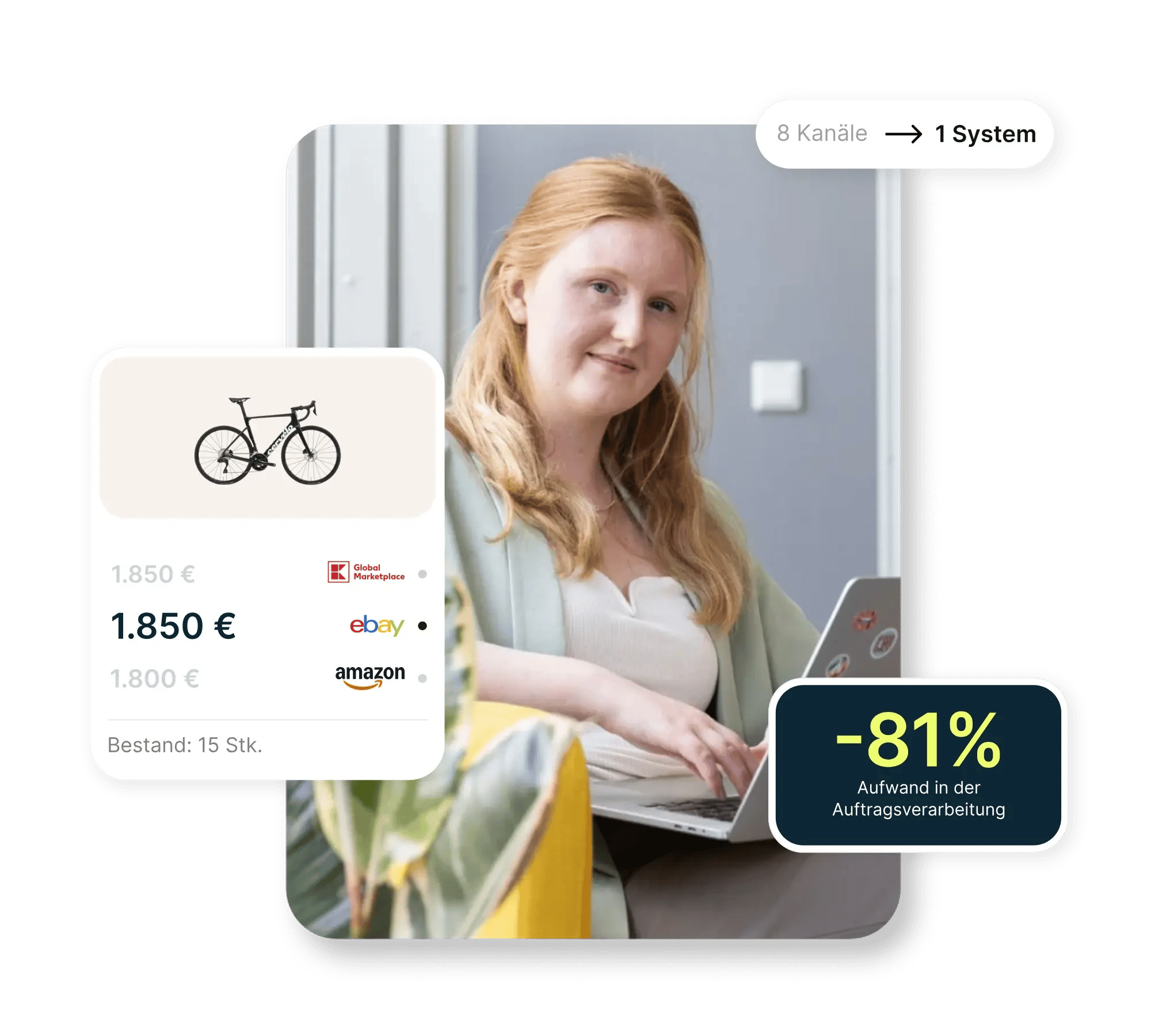 Women working on a laptop, next to her is a product card with pricing from amazon, ebay  and OTTO: different marketplaces in one system